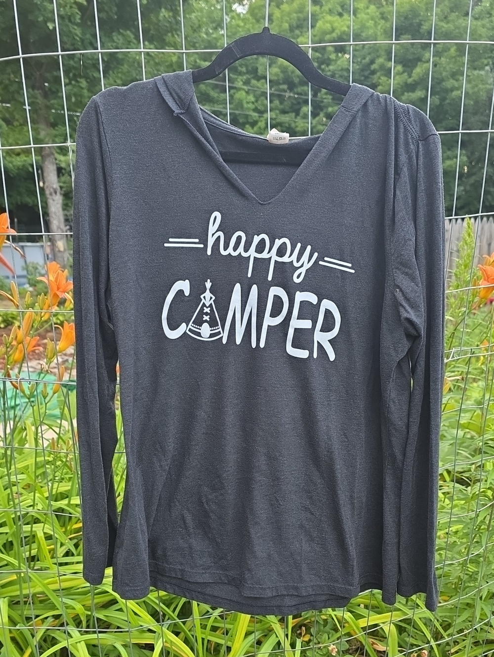 Happy Camper Gray Long Sleeve Hoodie Tee